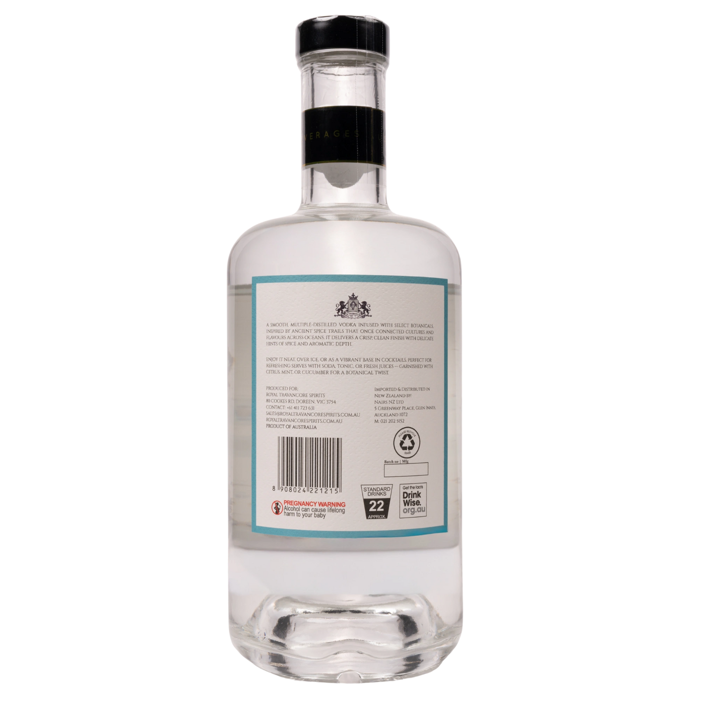 Clear glass bottle with a label on a white background