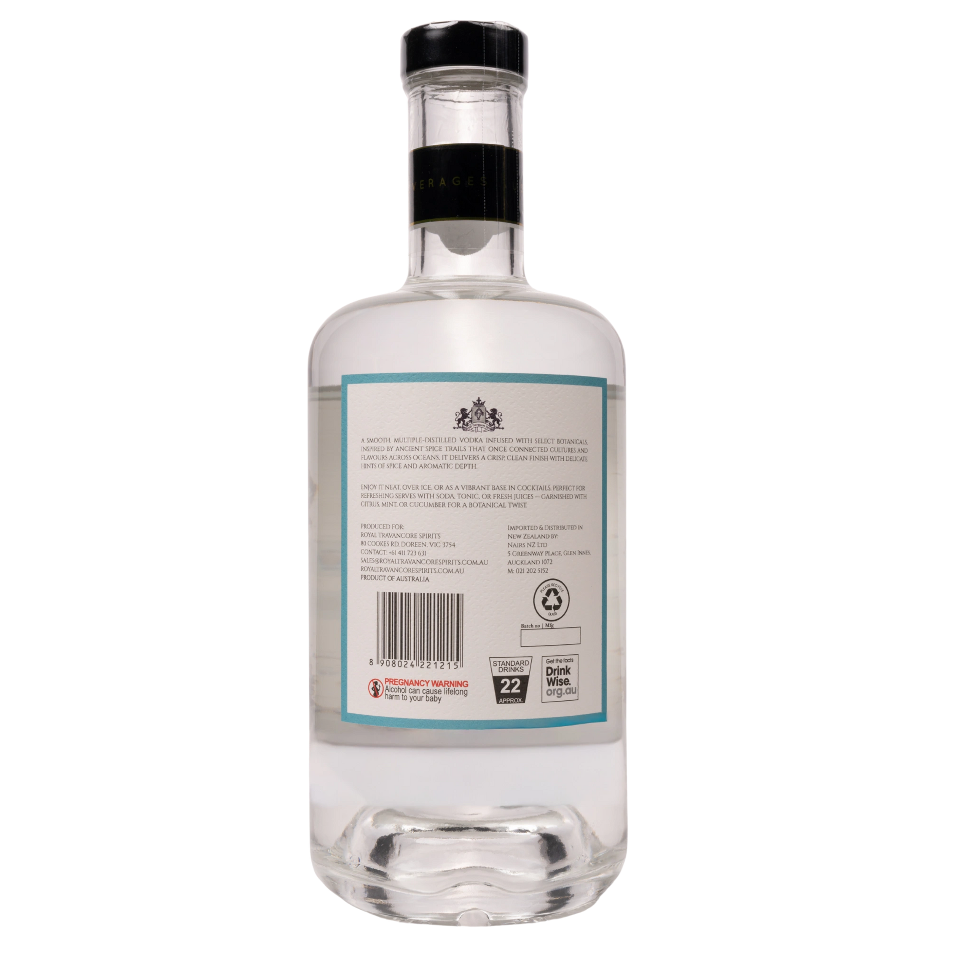 Clear glass bottle with a label on a white background