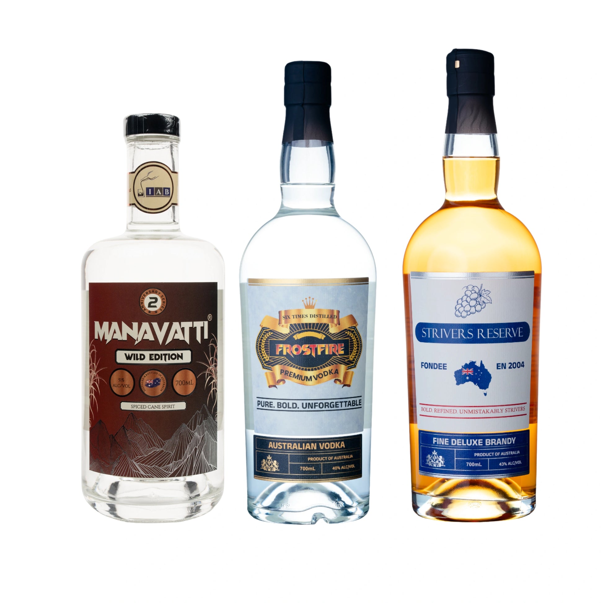 Three bottles of different alcoholic beverages on a white background